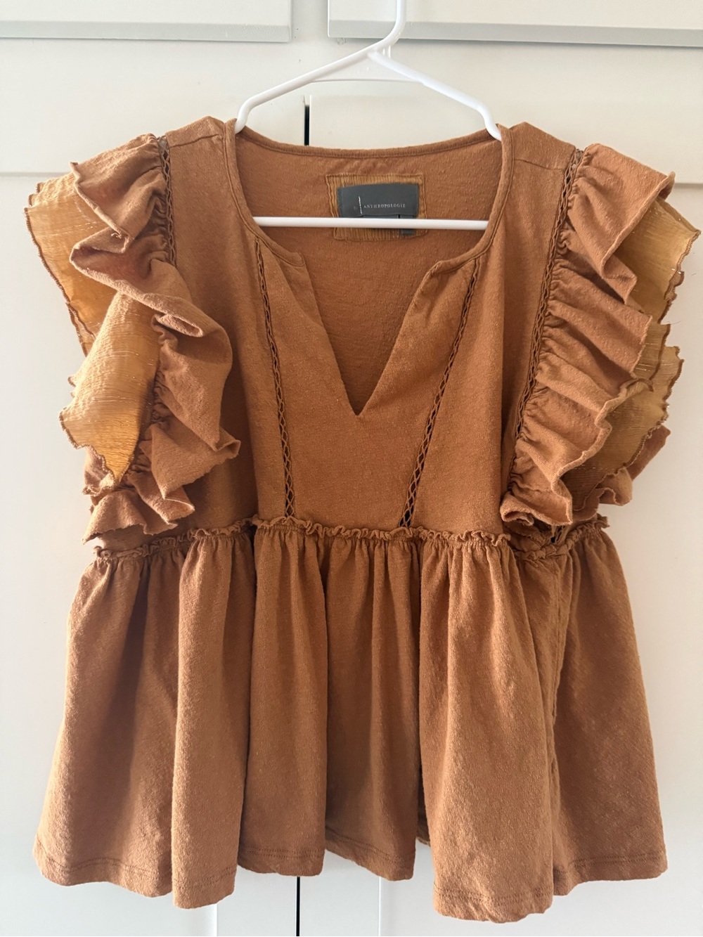 Anthropologie Rust Ruffle Sleeve Peplum Boho Poplin Top Blouse Size S